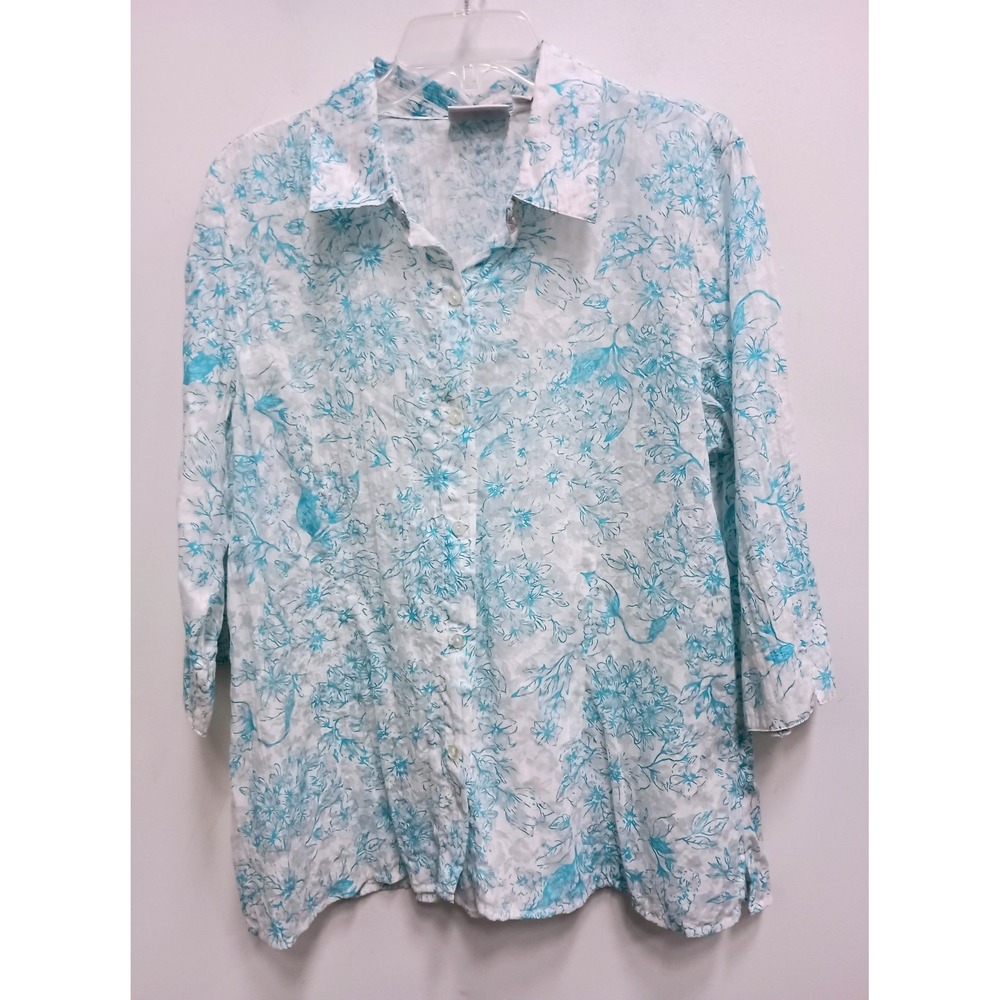 Denim & Co Button Up Shirt Womens Large White Blue Floral Seersucker 3/4 Sleeve